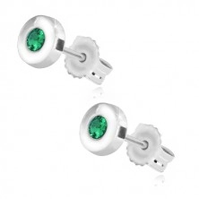 9K white gold earrings - glossy circle with round emerald, 4,5 mm