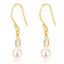 9K yellow gold hanging earrings - glittery grain zircon, white pearl