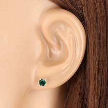 925 silver earrings - emerald-green zircon in glossy holder, studs