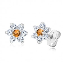 925 silver earrings - glittery zircon flower with honey-orange center