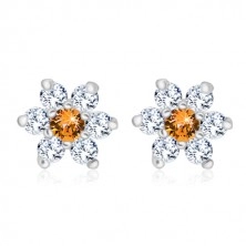 925 silver earrings - glittery zircon flower with honey-orange center
