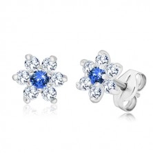 Studs, 925 silver - glittery flower, clear zircons and center of sapphire colour