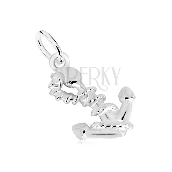 Double sided pendant made of 925 silver - glossy anchor with rope