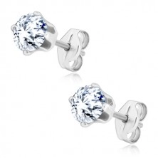 925 silver earrings - round zircon in transparent hue, four prongs