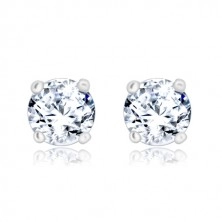 925 silver earrings - round zircon in transparent hue, four prongs