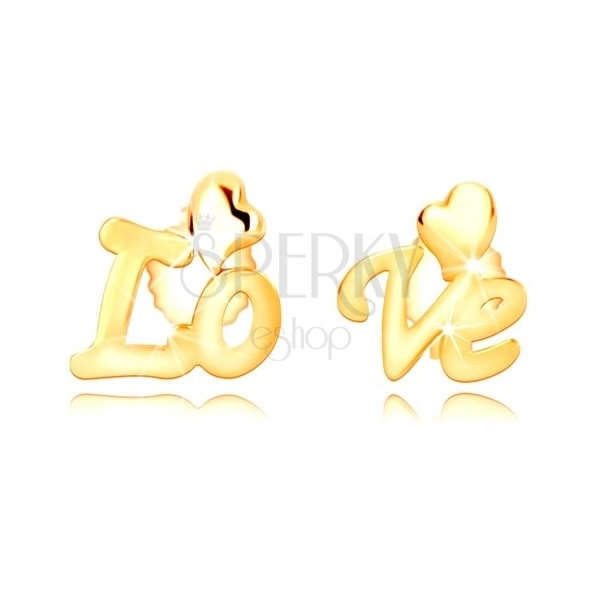 9K yellow gold earrings - split inscription "Love", asymmetric hearts, studs