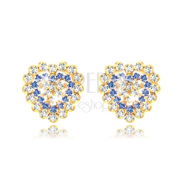 375 yellow gold earrings - glittery zircon heart, clear and sapphire-blue zircons