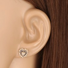 375 yellow gold earrings - glittery zircon heart, clear and sapphire-blue zircons