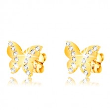 Yellow 375 gold earrings - glossy butterfly, two round zircon lines, studs