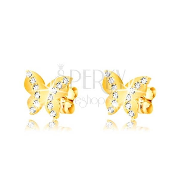 Yellow 375 gold earrings - glossy butterfly, two round zircon lines, studs