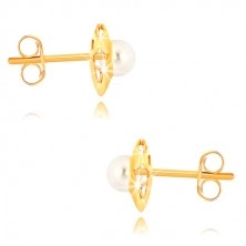 9K gold earrings - glossy flower with four petals, white pearl