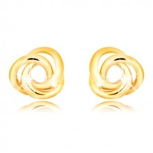 Yellow 375 gold earrings - three ringlets intertwined with one another, studs with safety backs