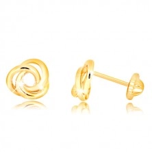 Yellow 375 gold earrings - three ringlets intertwined with one another, studs with safety backs