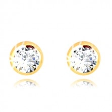 Yellow 375 gold earrings - glittery transparent zircon in glossy holder, 3 mm