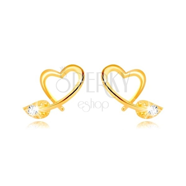 Yellow 9K gold earrings - contour of asymmetric heart, leaf with zircon