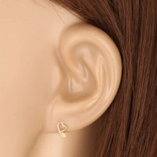 Yellow 9K gold earrings - contour of asymmetric heart, leaf with zircon