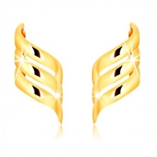 Yellow 375 gold earrings - three glossy ribbon twisted into spiral 