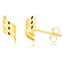Yellow 375 gold earrings - three glossy ribbon twisted into spiral 