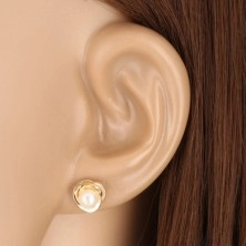 Yellow 9K gold earrings - three entwined bands, white freshwater pearl, 5 mm