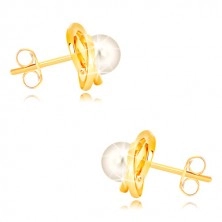 Yellow 9K gold earrings - three entwined bands, white freshwater pearl, 5 mm