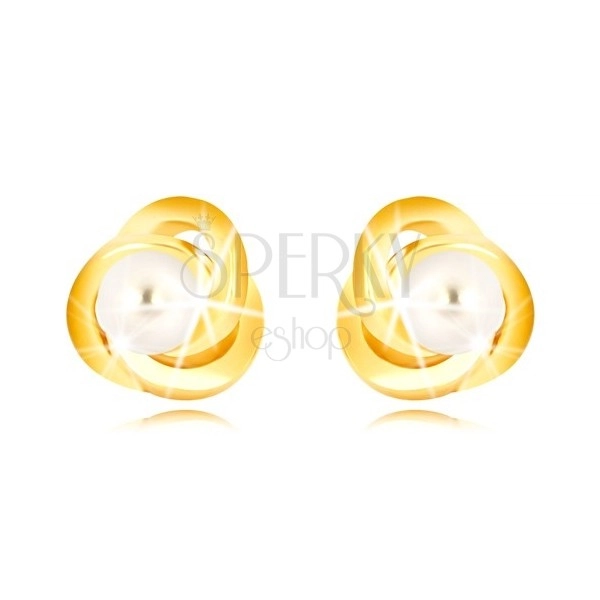 Yellow 9K gold earrings - three ringlets enmeshed with one another, freshwater pearl of white colour, 3 mm