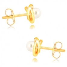Yellow 9K gold earrings - three ringlets enmeshed with one another, freshwater pearl of white colour, 3 mm