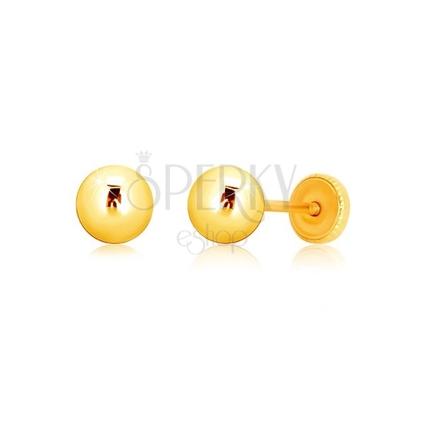 Yellow 375 gold earrings - glossy ball, screw back earrings, 5 mm