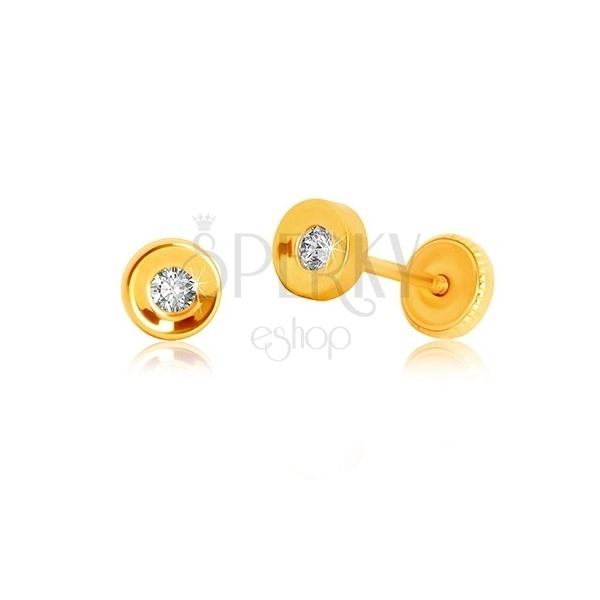 Yellow 375 gold earrings - bulgy holder with zircon, studs with screw backs