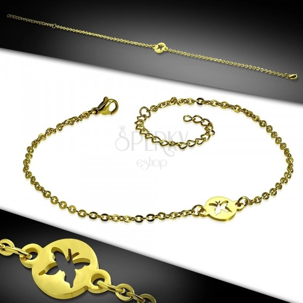 Steel wrist or ankle bracelet of gold colour - circle with cut-out shaped as butterfly