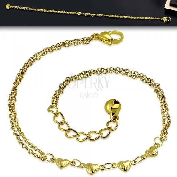 Steel bracelet of gold colour - four hearts with cuts, double chains, jingle bell