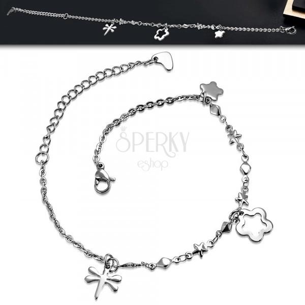 Steel wrist and ankle bracelet - oval rings, rhombuses and stars, pendants