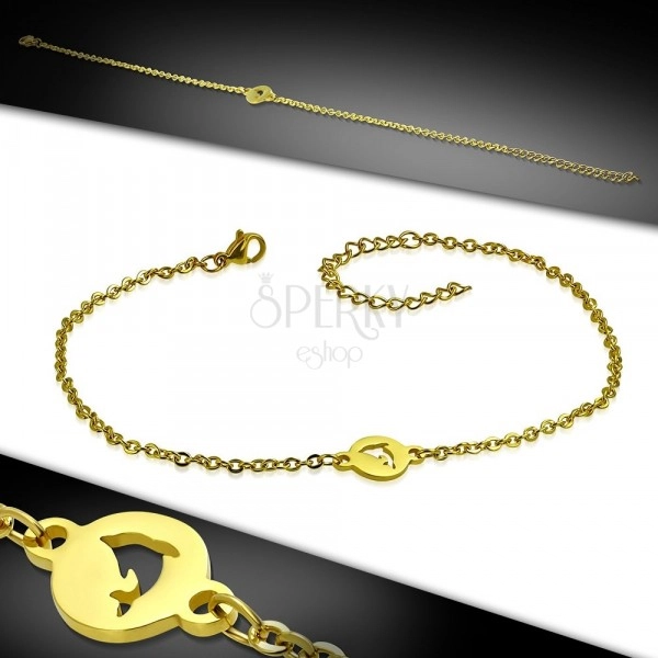 Steel ankle bracelet - round plate with dolphin, gold coloured hue