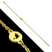 Steel ankle bracelet - round plate with dolphin, gold coloured hue