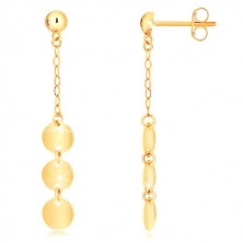 Yellow 9K gold earrings - semi-ball, chain, three flat glossy circles