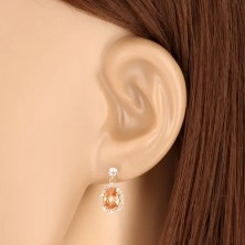 Yellow 375 gold earrings - clear zircon, honey-orange tear, glittery rim
