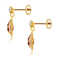 Yellow 375 gold earrings - clear zircon, honey-orange tear, glittery rim