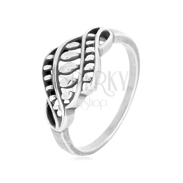 925 silver ring - narrow arms, carved ornament with grains and patina