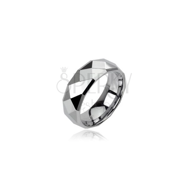 Tungsten ring in silver colour with refined rhombuses, 6 mm
