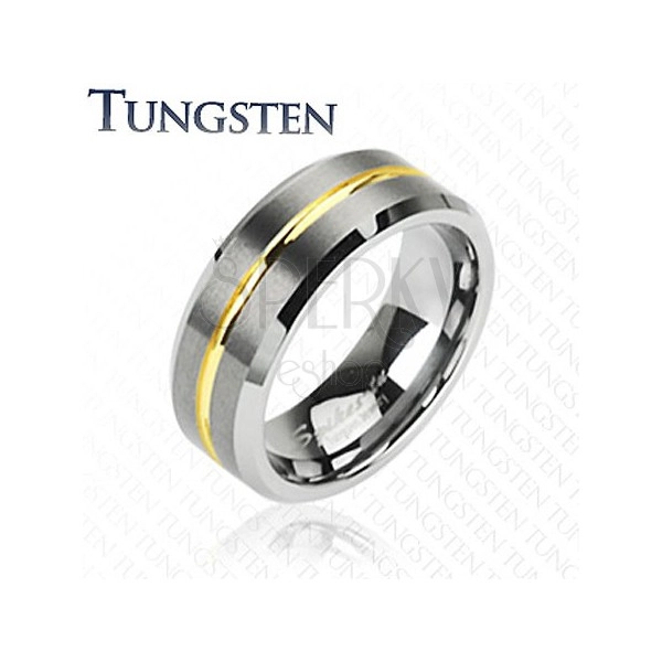 Tungsten ring with stripe in gold colour, 8 mm