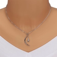 Diamond necklace, 925 silver - glossy halfmoon and star with brilliant