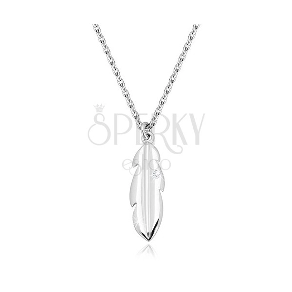 925 silver necklace - glossy feather with clear round brilliant, glittery chain 