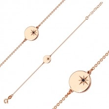 Bracelet of pink-gold colour, 925 silver - glossy circle, north star, black diamond
