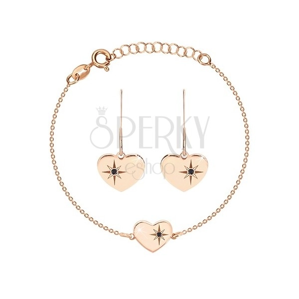 925 silver set, pink-gold hue - bracelet and earrings, heart with Polaris and diamond 