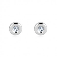 White 375 gold studs - glossy circle, clear zircon, 5 mm