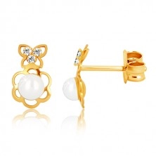 Yellow 375 gold earrings - flower contour with pearl, butterfly with zircons