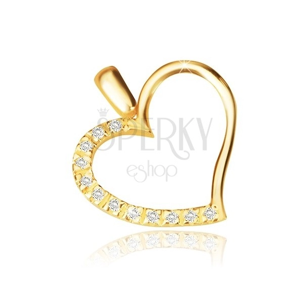 Yellow 14K gold pendant - contour of asymmetric heart, half of glittery zircon