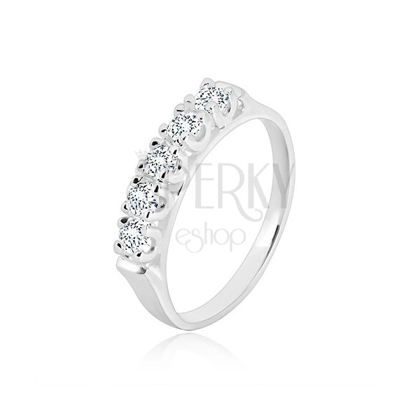 925 silver ring - narrow glossy arms, five glittery zircons in mount