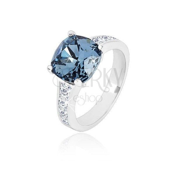 925 silver ring - zircon square of dark blue colour and clear zircons