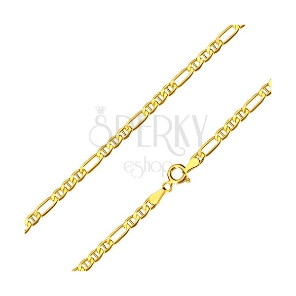 Yellow 14K gold chain - oblong ring, three oval rings with sticks, 450 mm