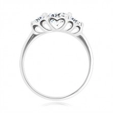 925 silver ring - three round glittery zircons, heart cuts-out